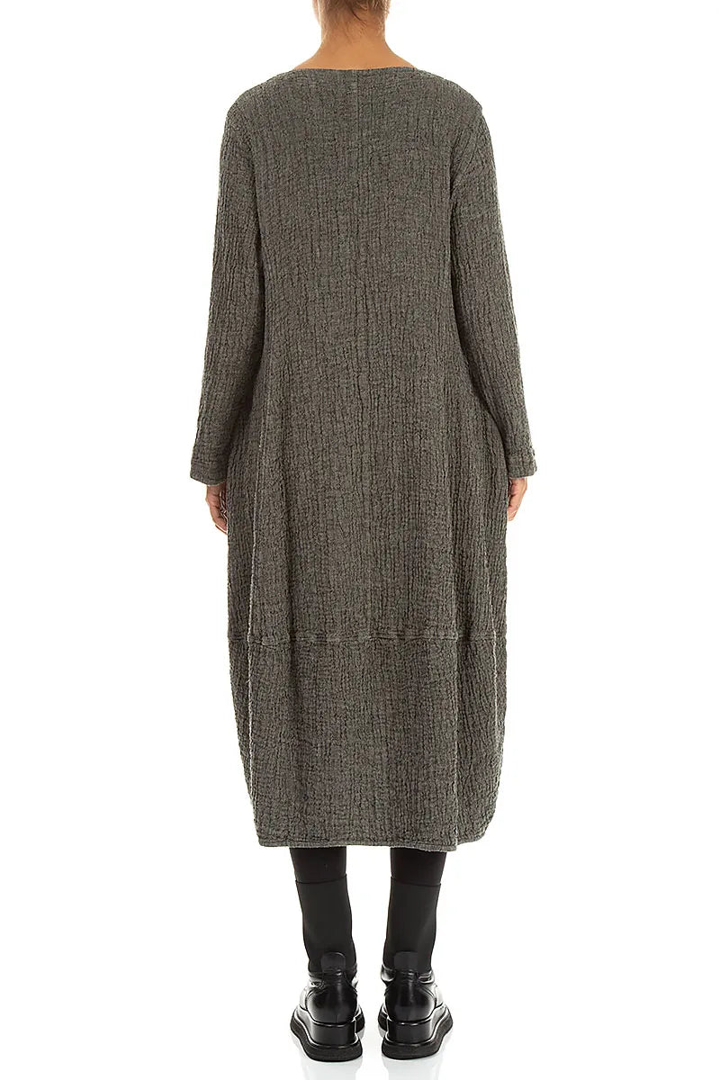 V-Neck Olive Grey Textured Linen Dress 2