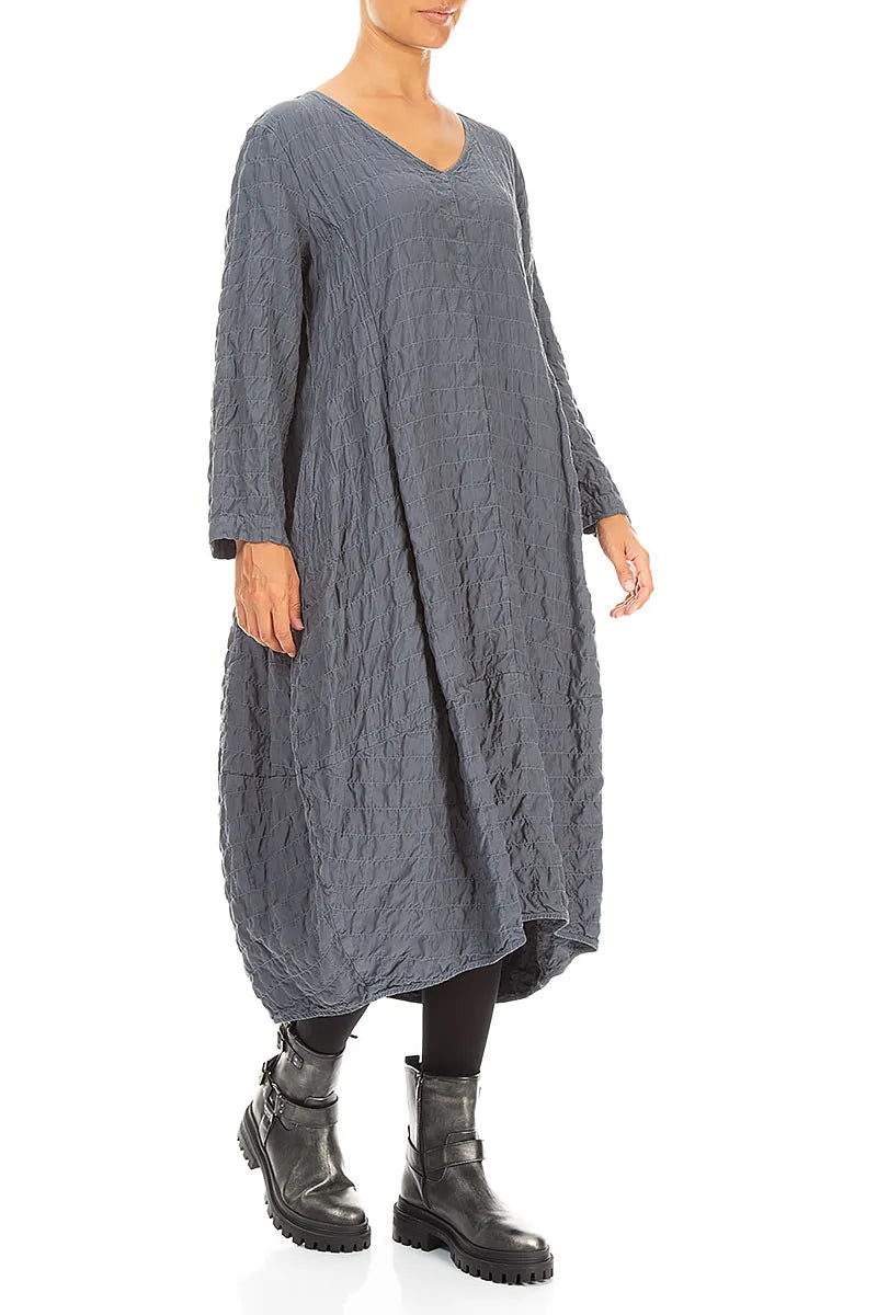 V-Neck Slate Pleated Silk Bamboo Dress 3