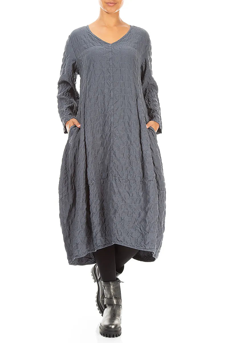 V-Neck Slate Pleated Silk Bamboo Dress 4