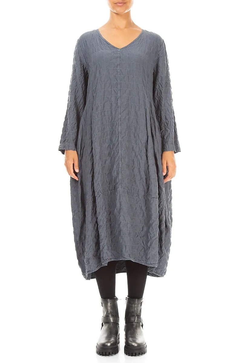 V-Neck Slate Pleated Silk Bamboo Dress 1