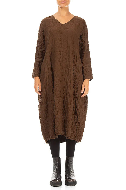 V-Neck Truffle Brown Pleated Silk Bamboo Dress 1