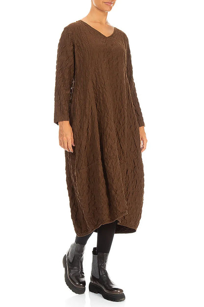 V-Neck Truffle Brown Pleated Silk Bamboo Dress 3