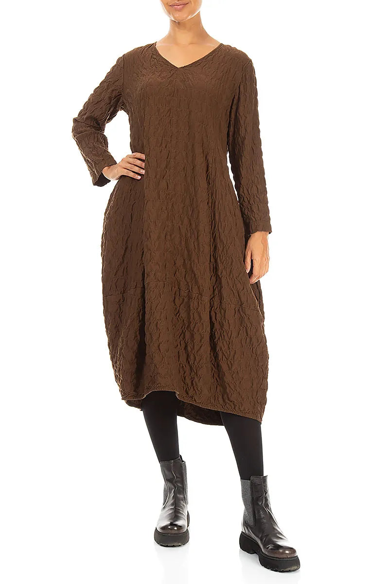 V-Neck Truffle Brown Pleated Silk Bamboo Dress 4