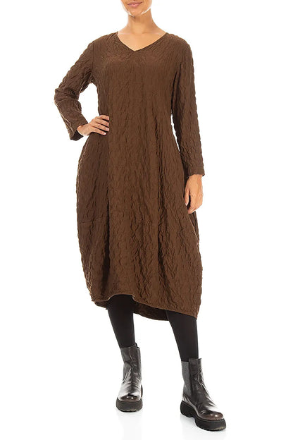 V-Neck Truffle Brown Pleated Silk Bamboo Dress 4