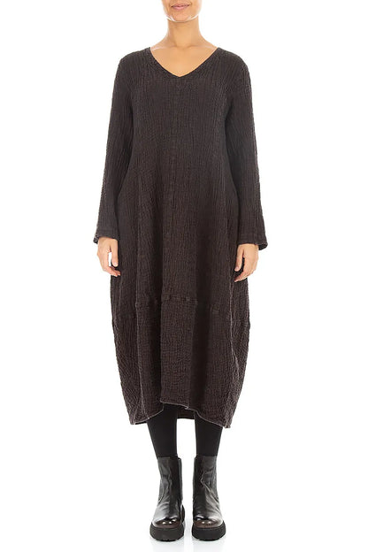 V-Neck Truffle Brown Textured Linen Dress