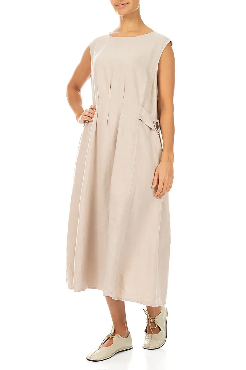 Waist Detail Sleeveless Beige Linen Dress 4