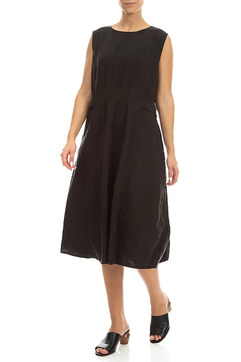 Waist Detail Sleeveless Black Linen Dress 3