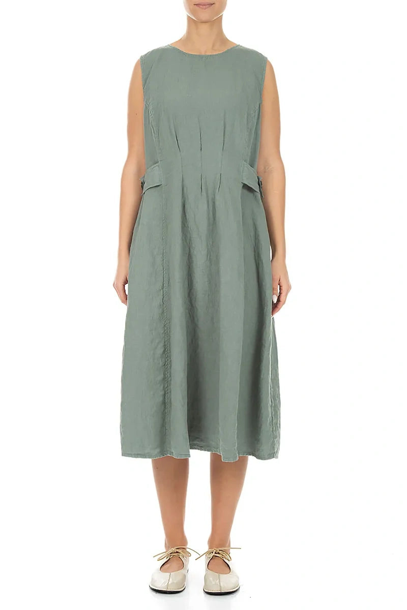Waist Detail Sleeveless Sage Linen Dress 1