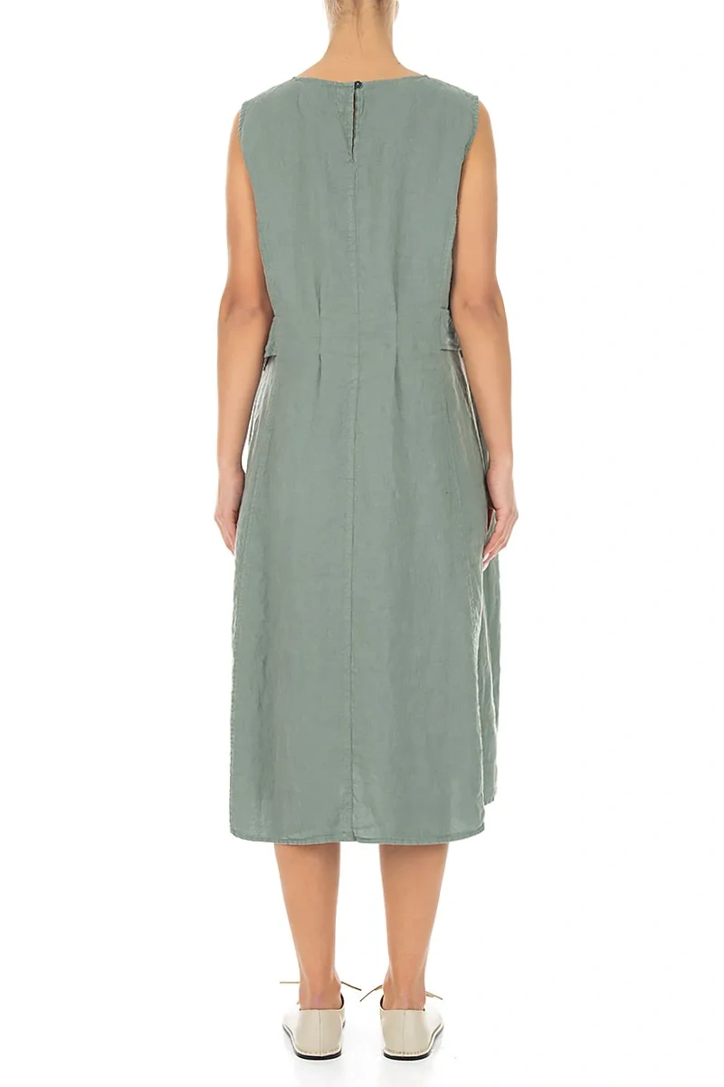 Waist Detail Sleeveless Sage Linen Dress 2