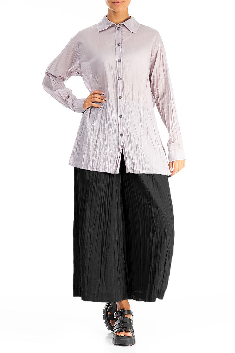 Wide Cropped Black Crumpled Cotton Trousers 4