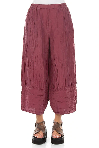 Wide Cropped Crinkled Antique Ruby Silk Linen Trousers 1