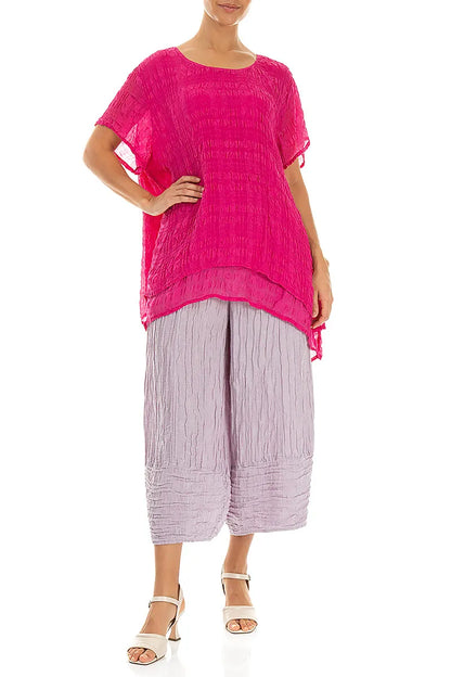 Wide Cropped Crinkled Lilac Silk Linen Trousers 4