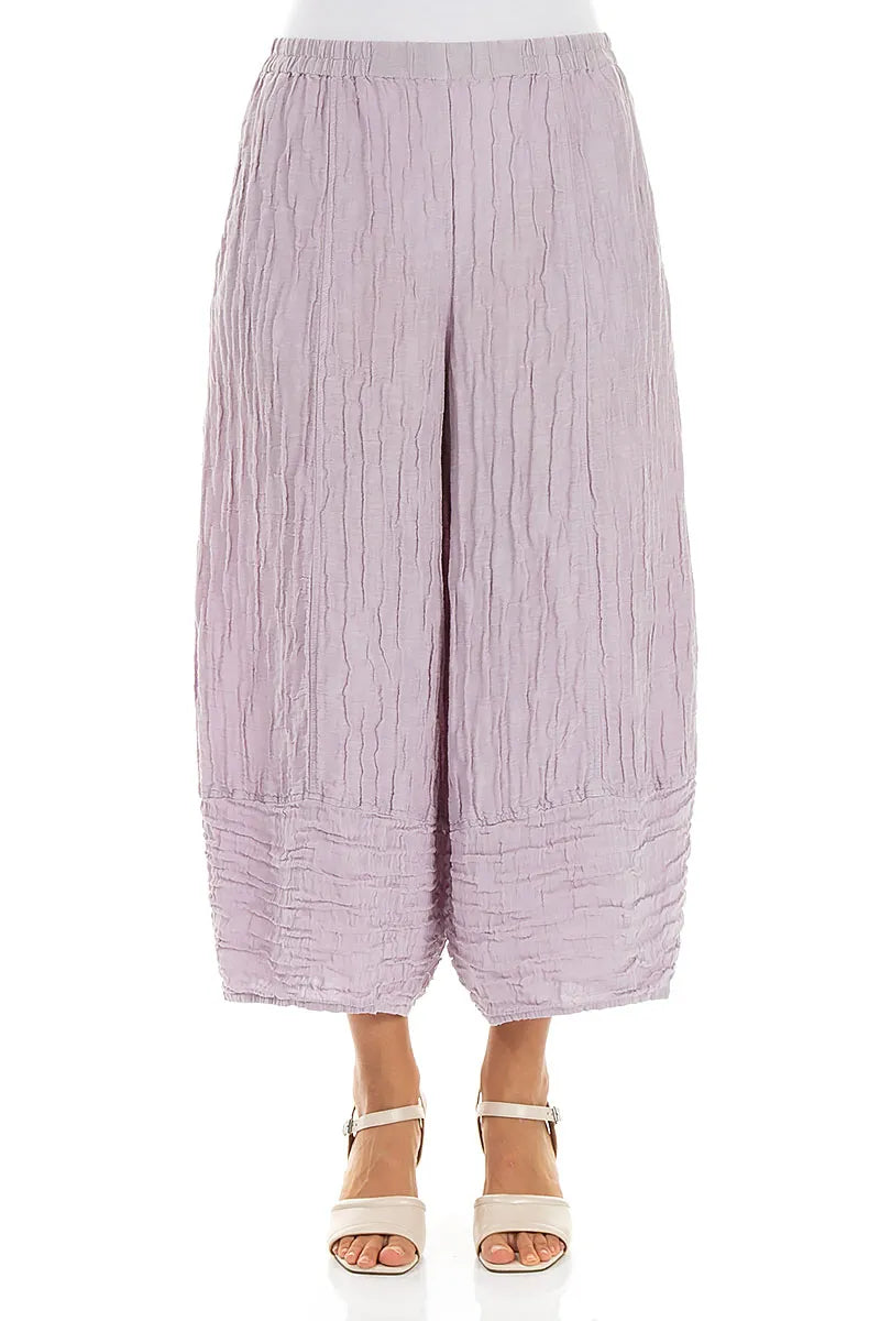Wide Cropped Crinkled Lilac Silk Linen Trousers 1