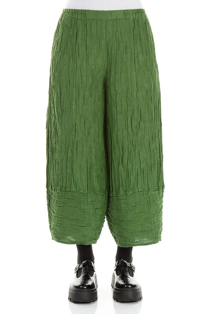 Wide Cropped Crinkled Shamrock Green Silk Linen Trousers