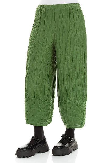 Wide Cropped Crinkled Shamrock Green Silk Linen Trousers
