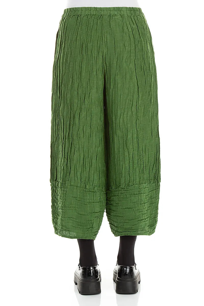 Wide Cropped Crinkled Shamrock Green Silk Linen Trousers