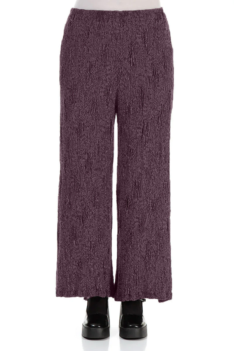 Pantalon large couleur prune foncé, en Soie et Lin texturés
