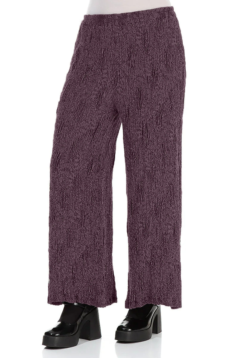 Pantalon large couleur prune foncé, en Soie et Lin texturés