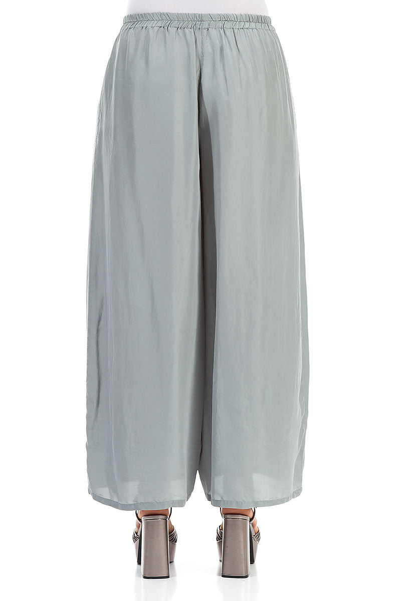 Wide Flowy Grey Sage Pure Silk Trousers 2