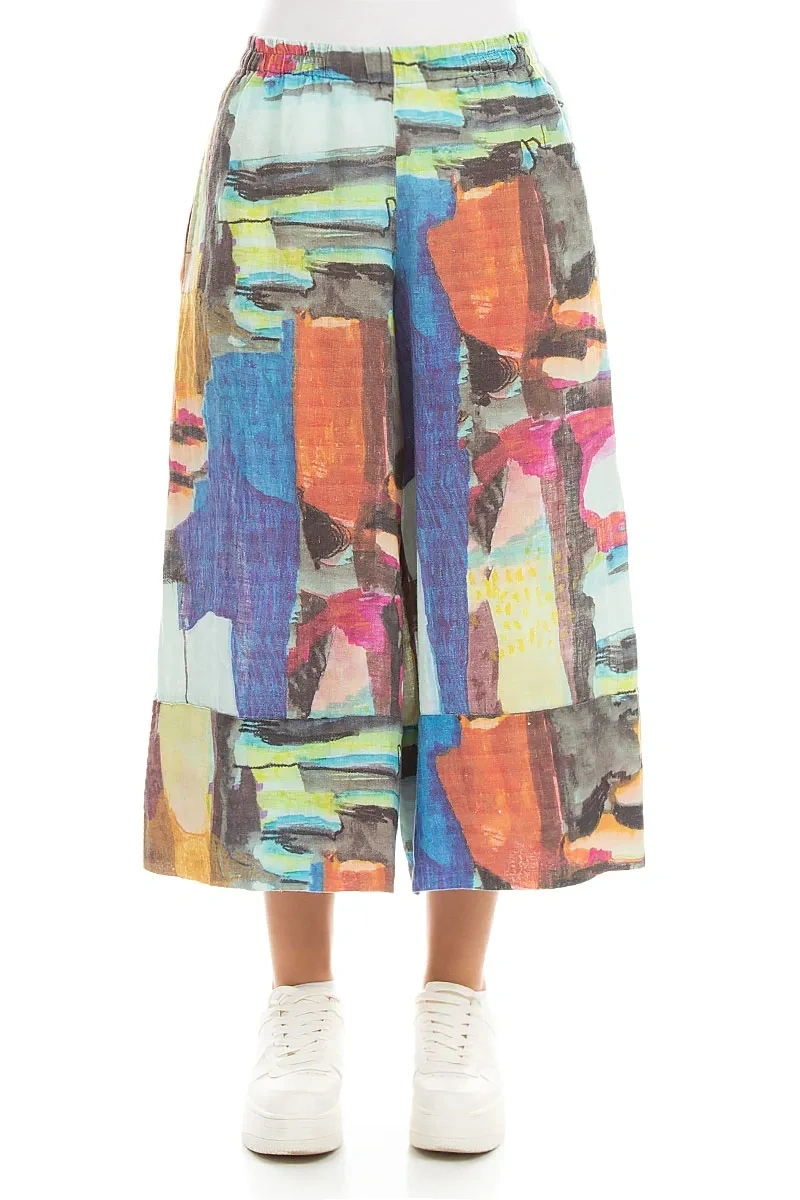 Wide Leg Cuffs Abstract Linen Culottes 1