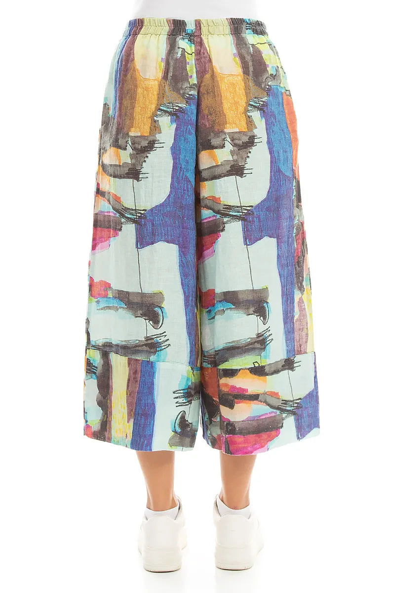 Wide Leg Cuffs Abstract Linen Culottes 2