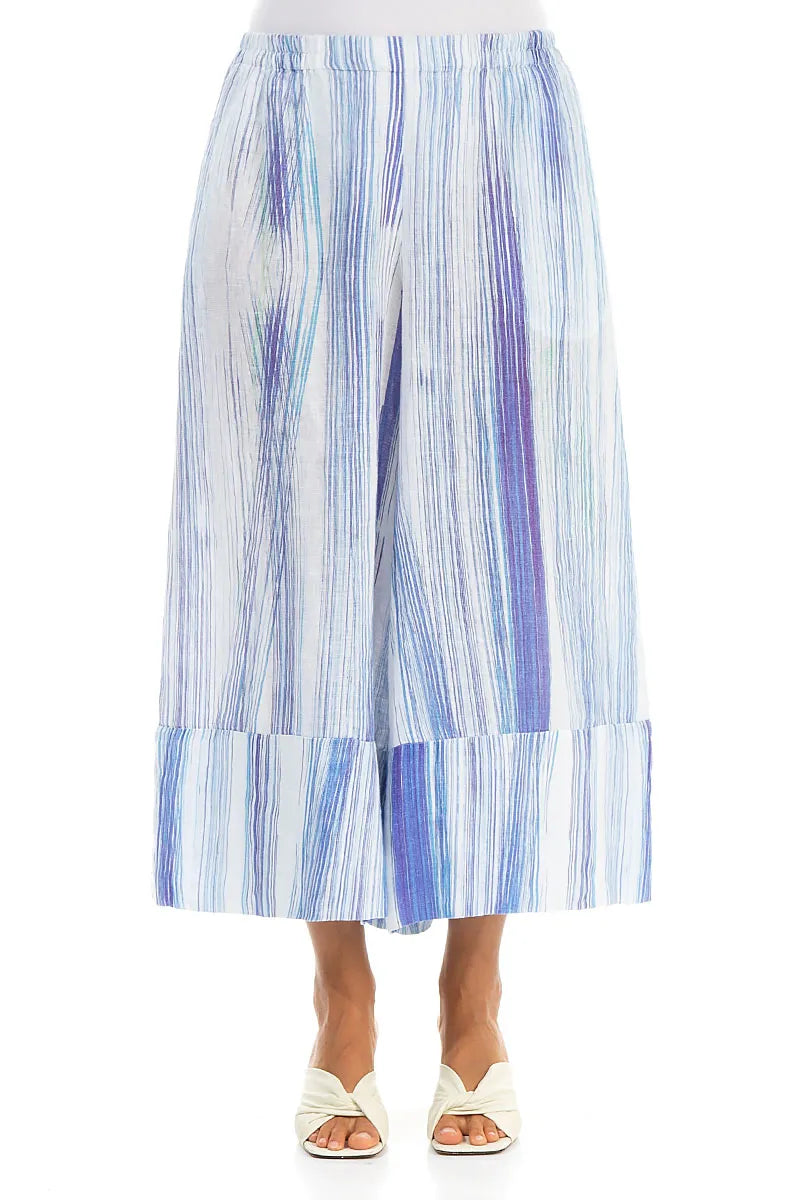 Wide Leg Cuffs Blue Wash Stripe Linen Culottes 1