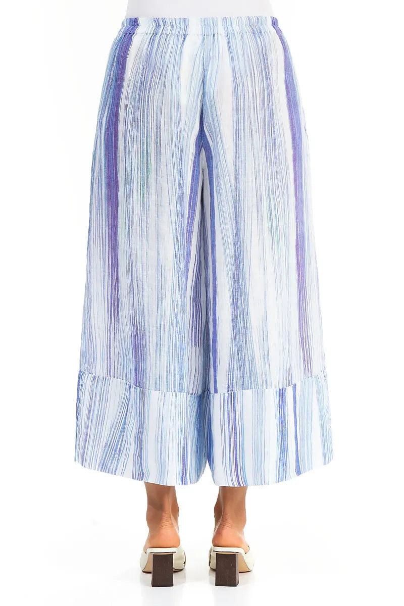 Wide Leg Cuffs Blue Wash Stripe Linen Culottes 2