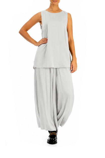 Wide Leg Pearl Grey Silk Trousers 4