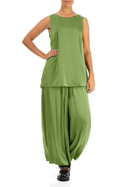 Wide Leg Shamrock Green Silk Trousers 4