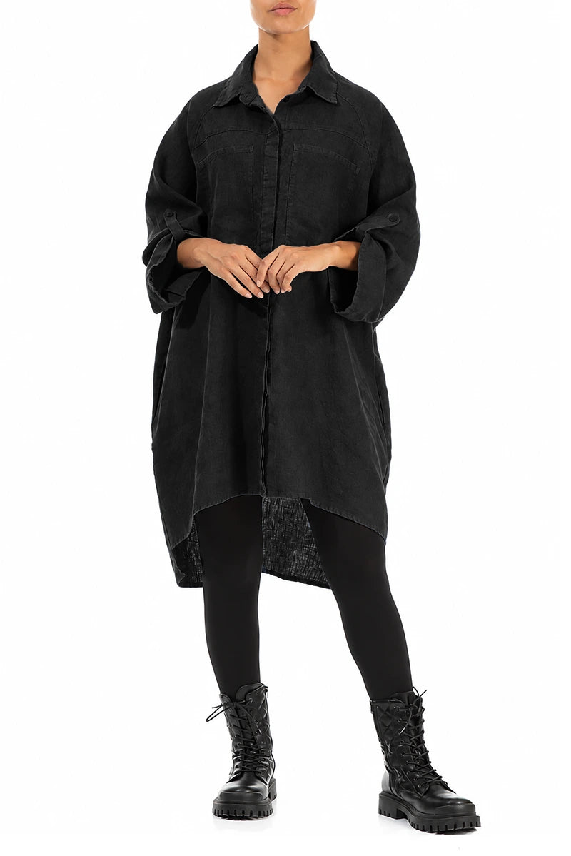 Wide Loose Black Linen Shirt 4