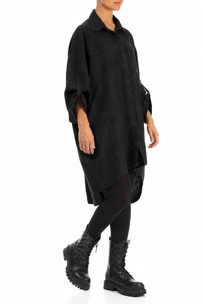 Wide Loose Black Linen Shirt 3