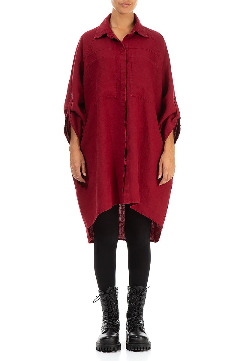Wide Loose Dark Red Linen Shirt 1
