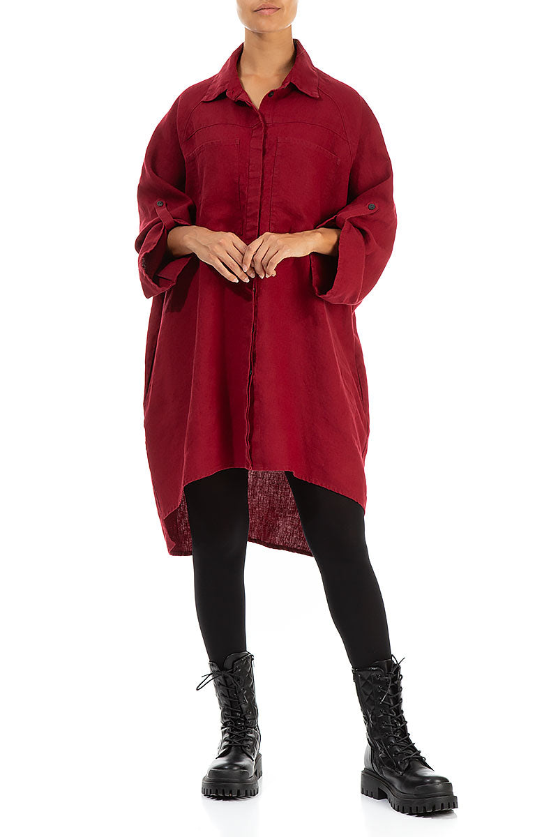 Wide Loose Dark Red Linen Shirt 4