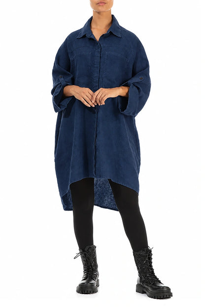 Wide Loose Royal Blue Linen Shirt 3