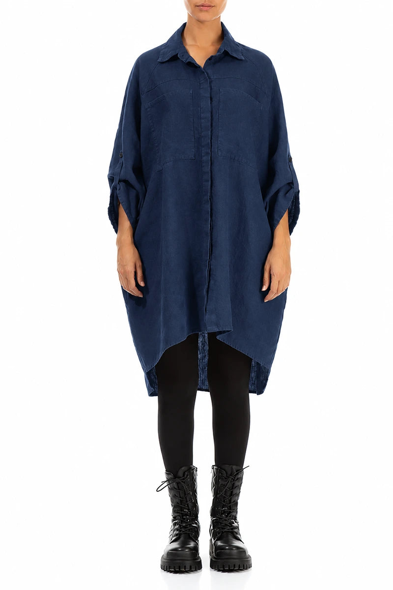 Wide Loose Royal Blue Linen Shirt 1