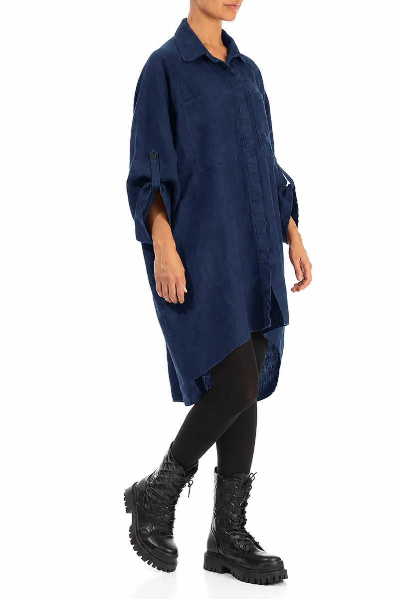 Wide Loose Royal Blue Linen Shirt 4
