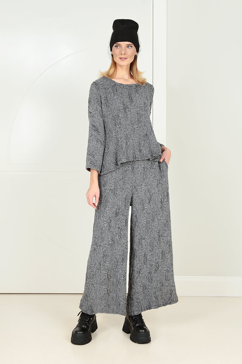 Wide Silver Textured Silk Linen Trousers 6
