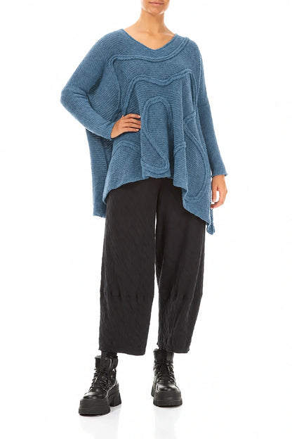 Wide Wavy Seam Petrol Blue Wool Sweater