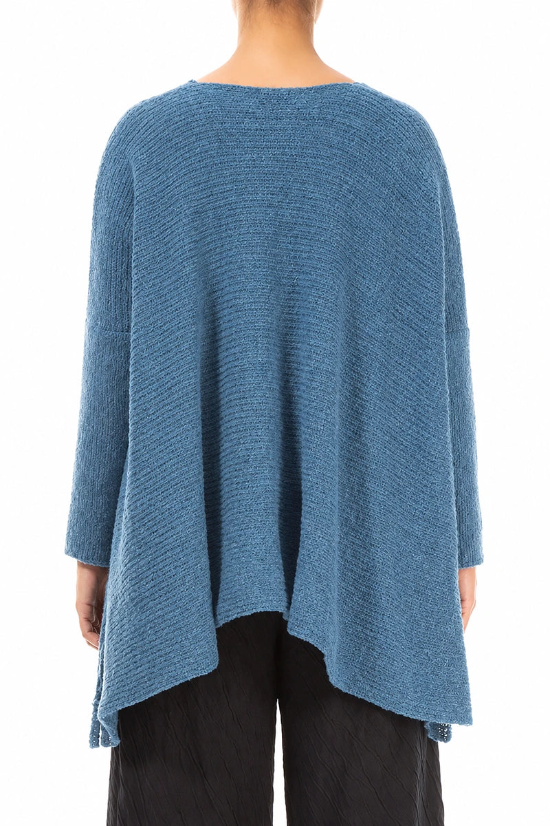 Wide Wavy Seam Petrol Blue Wool Sweater