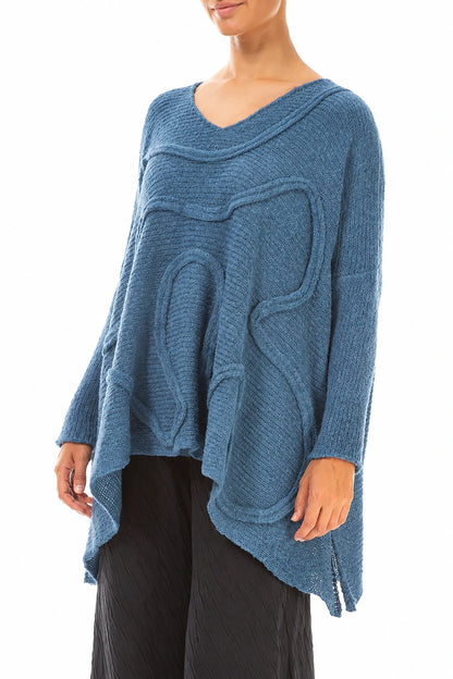Wide Wavy Seam Petrol Blue Wool Sweater