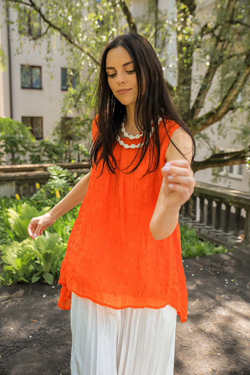 Sleeveless Longer Back Flame Orange Light Silk Blouse 7