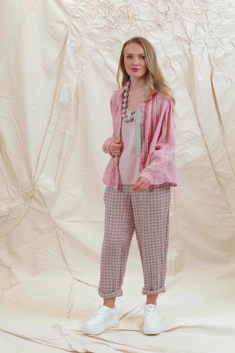 Roll Up Pink Check Linen Trousers 7