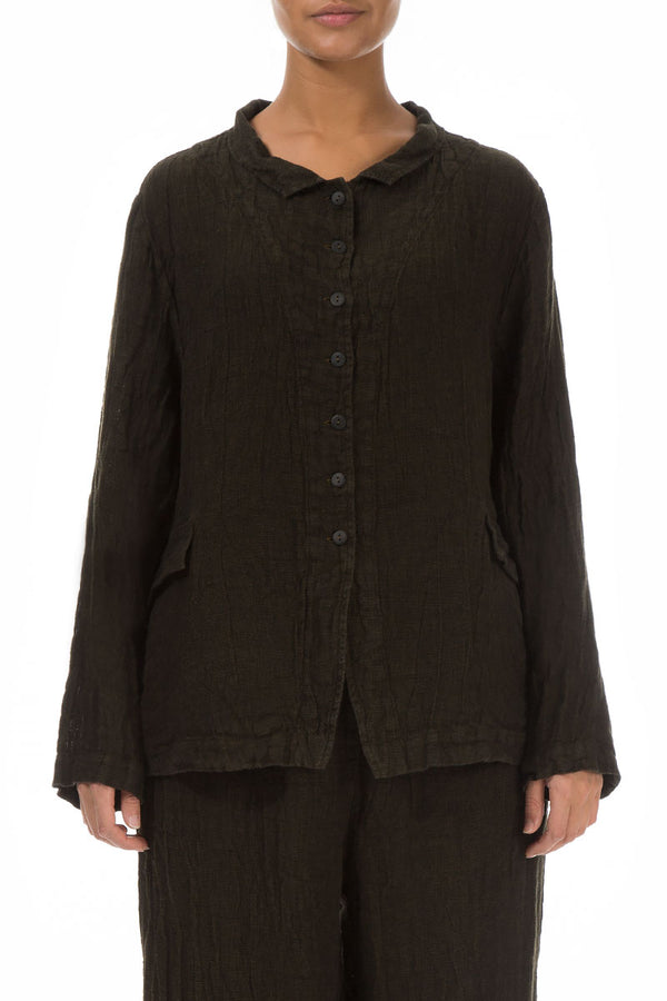Buttoned Dark Khaki Mélange Linen Jacket 1