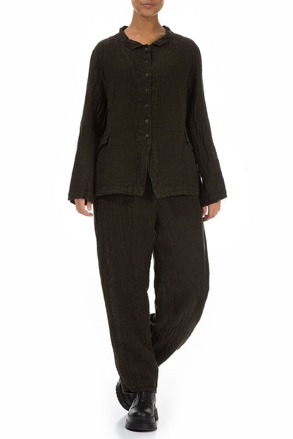 Buttoned Dark Khaki Mélange Linen Jacket 4