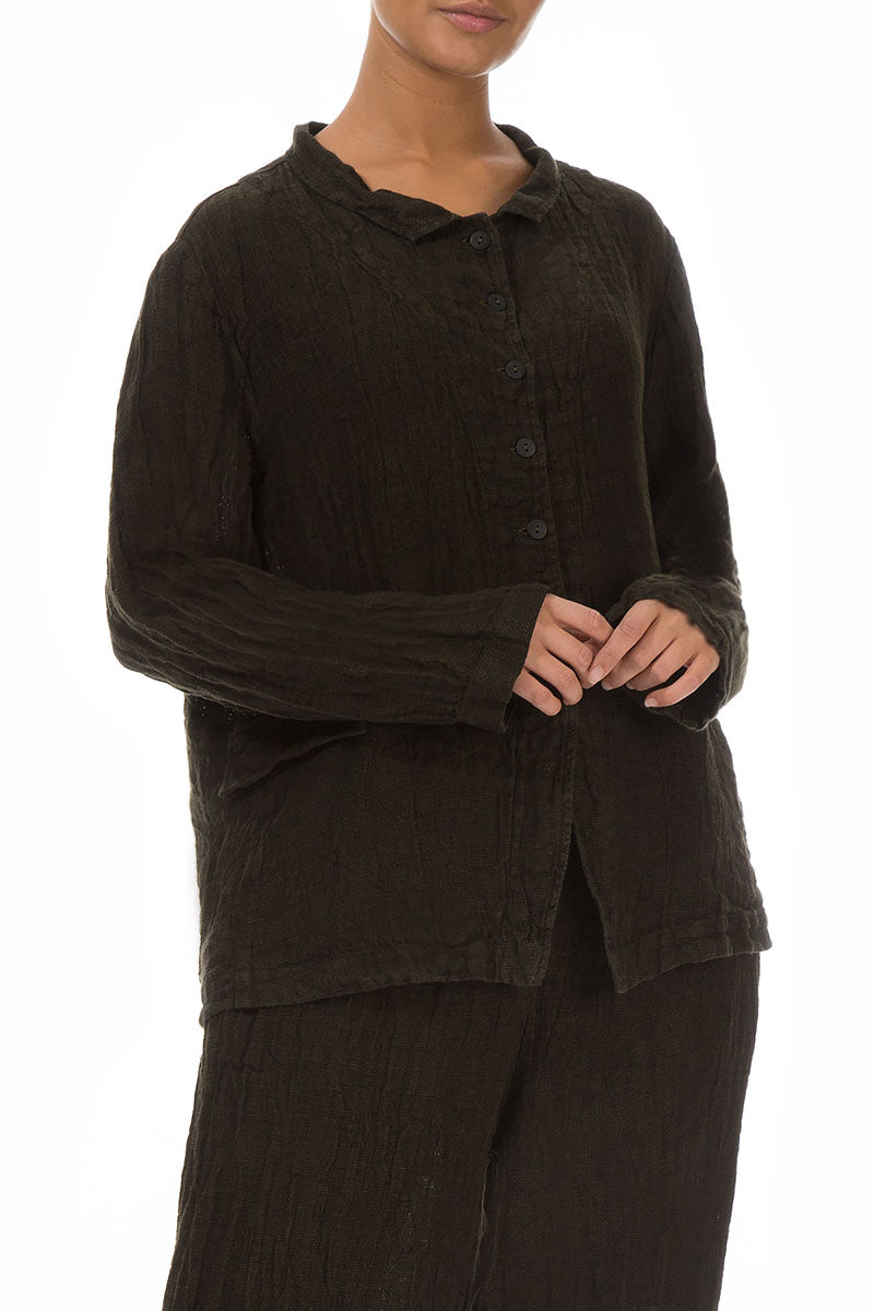 Buttoned Dark Khaki Mélange Linen Jacket 3