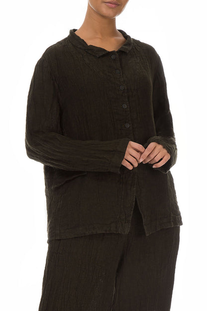 Buttoned Dark Khaki Mélange Linen Jacket 3