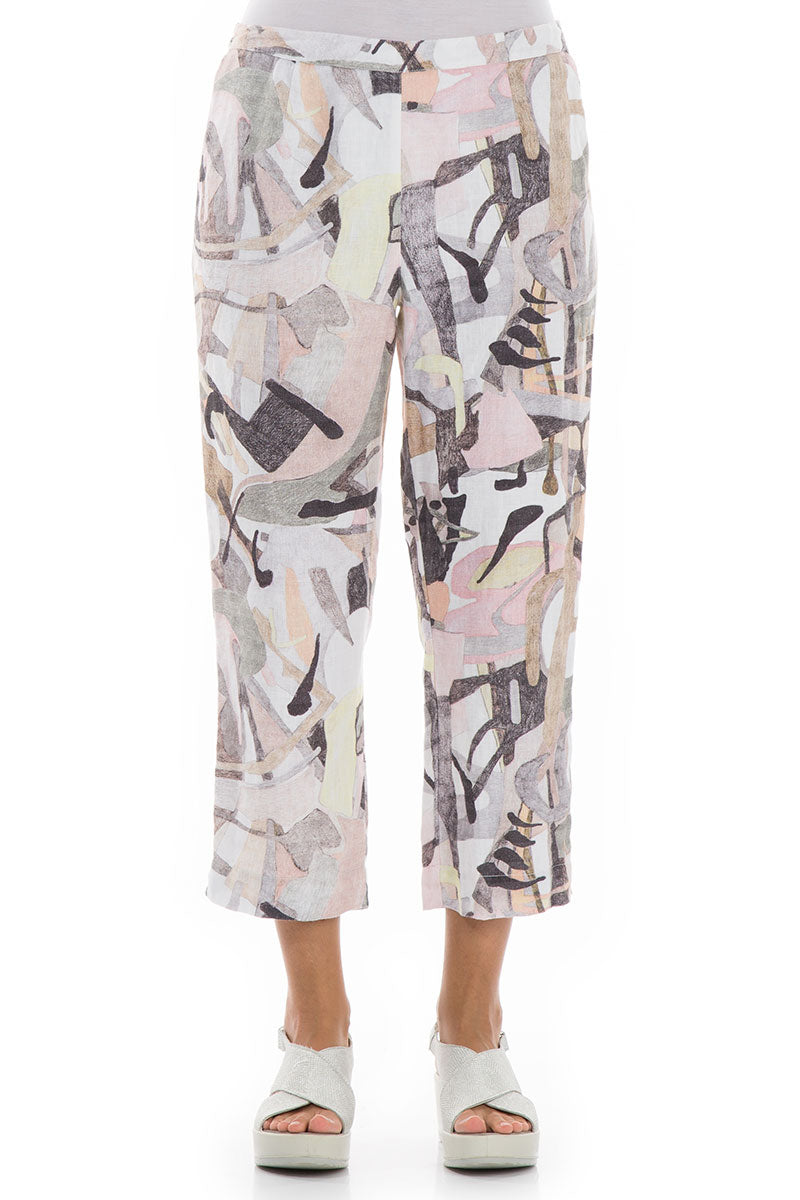Cropped Pastel Art Linen Trousers 1