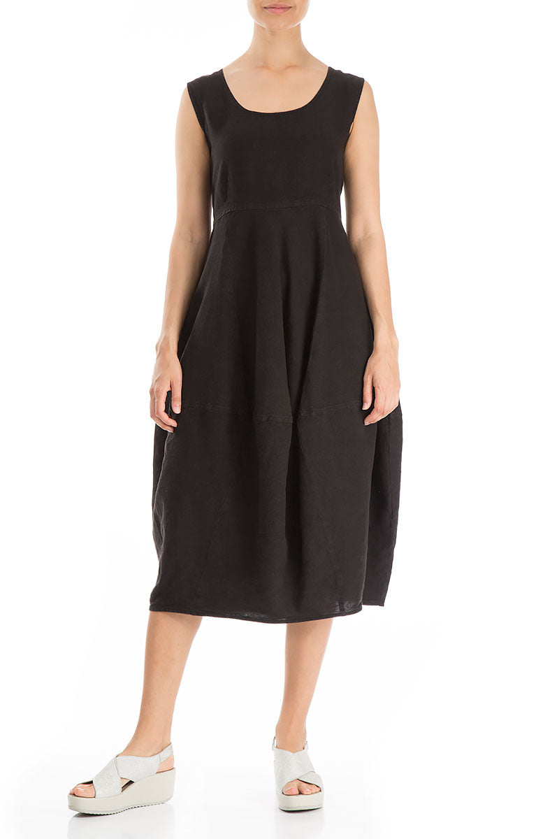 Sleeveless Balloon Black Linen Dress 3