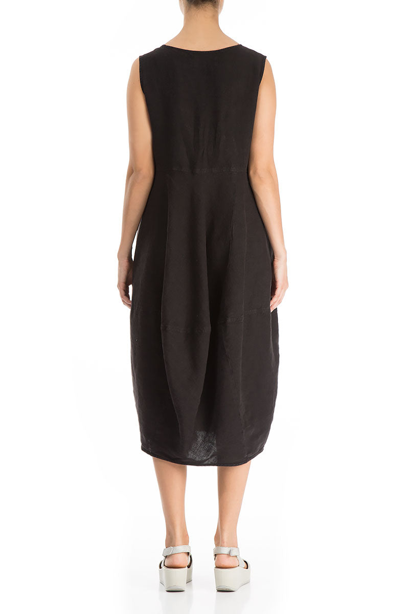 Sleeveless Balloon Black Linen Dress 2