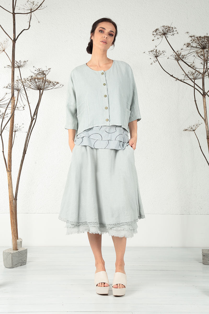 Flared Light Grey Linen Midi Skirt 4